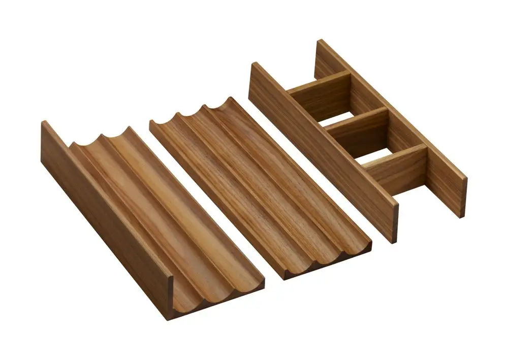 Set aus drei Schubkasteninneneinteilungen in dunklem Holz, hergestellt von Hansgrohe, mit unterschiedlichen Einschnitten zur optimalen Aufbewahrung.